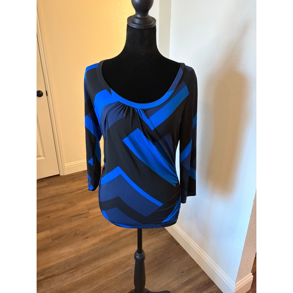 New York & Company Stretch Blue Black Geometric Chevron Scoop Neck Top Small